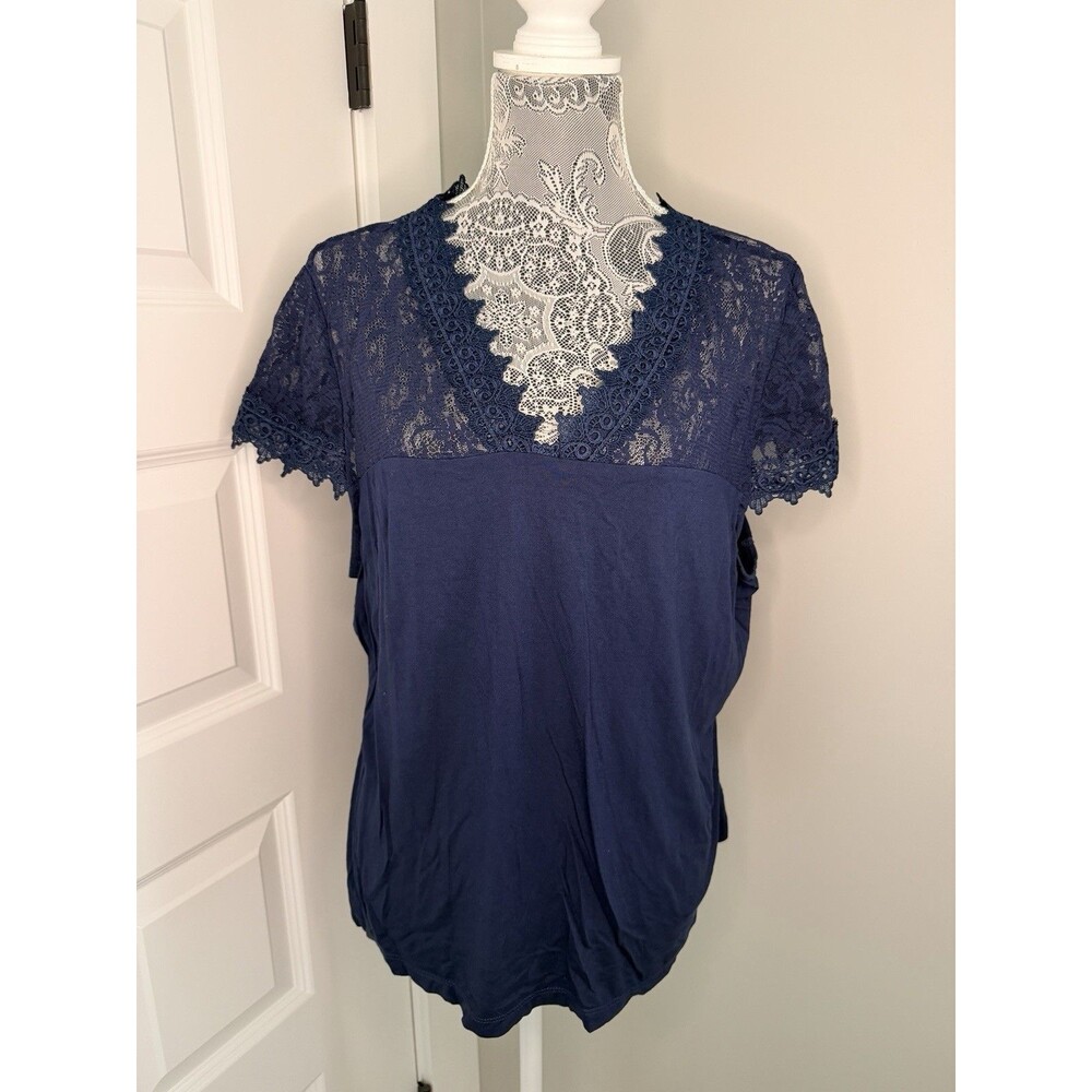 Venus Navy Blue Lace Trim Blouse Top Womens Plus Size 2X XXL